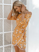 Load image into Gallery viewer, Floral Tassel Detail Tulip Hem Off-Shoulder Dress
