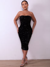 Load image into Gallery viewer, Sequin Strapless Ruched Back Slit Bodycon Dress
