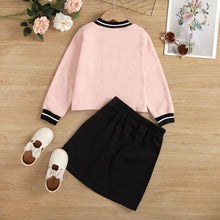 Load image into Gallery viewer, Girls Cat Graphic Sweatshirt and MEOW Skirt Set
