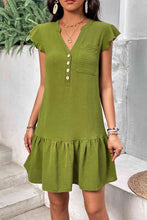 Load image into Gallery viewer, Buttoned Notched Neck Flutter Sleeve Dress
