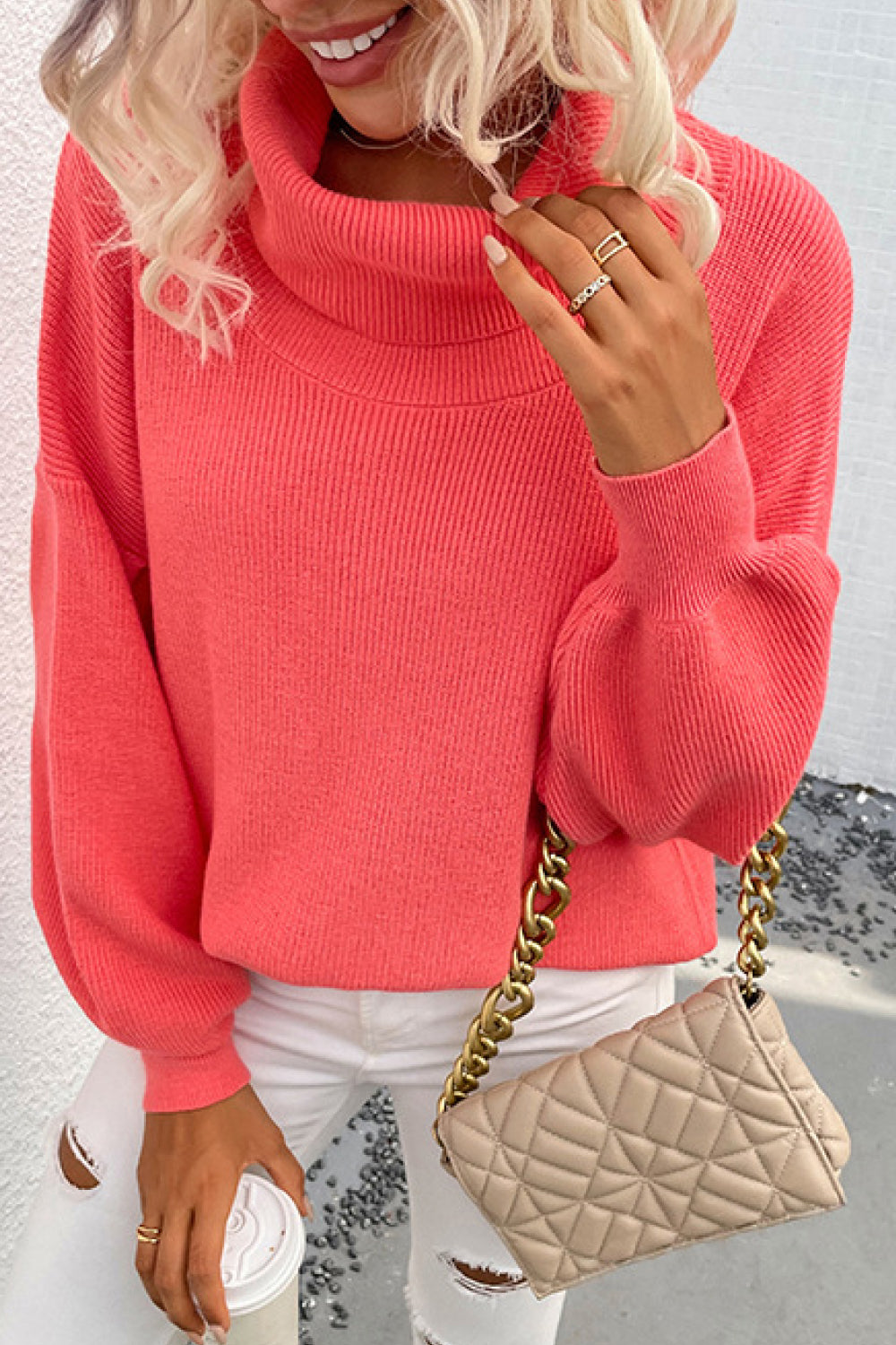 Rib-Knit Lantern Sleeve Turtleneck Sweater