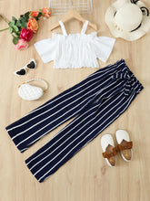 Load image into Gallery viewer, Frill Trim Cropped Top and Striped Pants Set
