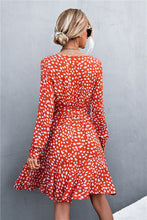 Load image into Gallery viewer, Printed V-Neck Tie Belt Ruffle Hem Mini Dress
