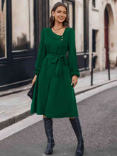 Load image into Gallery viewer, Buttoned Tie Front Long Sleeve Asymmetrical Neck Dress
