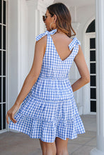 Load image into Gallery viewer, Plaid Tie Shoulder Frill Trim Tiered Dress
