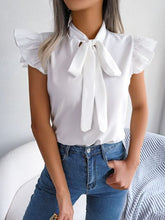 Load image into Gallery viewer, Tie  Neck Cap Sleeve Blouse
