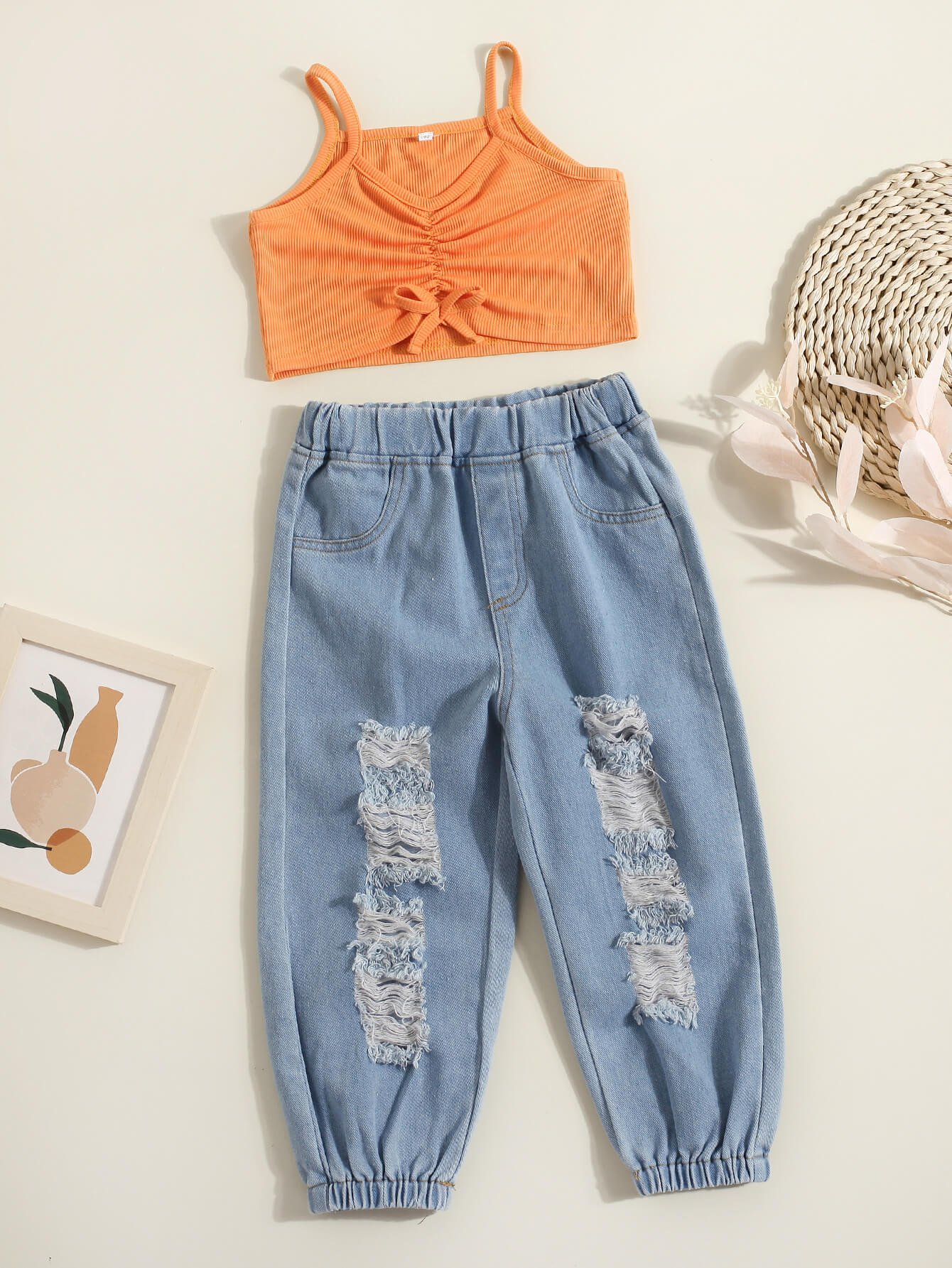 Girls Drawstring Detail Ribbed Cami and Distressed Jeans Set