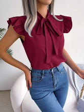 Load image into Gallery viewer, Tie  Neck Cap Sleeve Blouse
