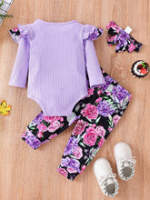 Load image into Gallery viewer, Baby Girl Graphic Ribbed Ruffle Shoulder Bodysuit and Printed Pants Set
