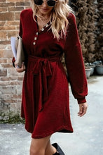Load image into Gallery viewer, Notched Tie Waist Dropped Shoulder Mini Dress
