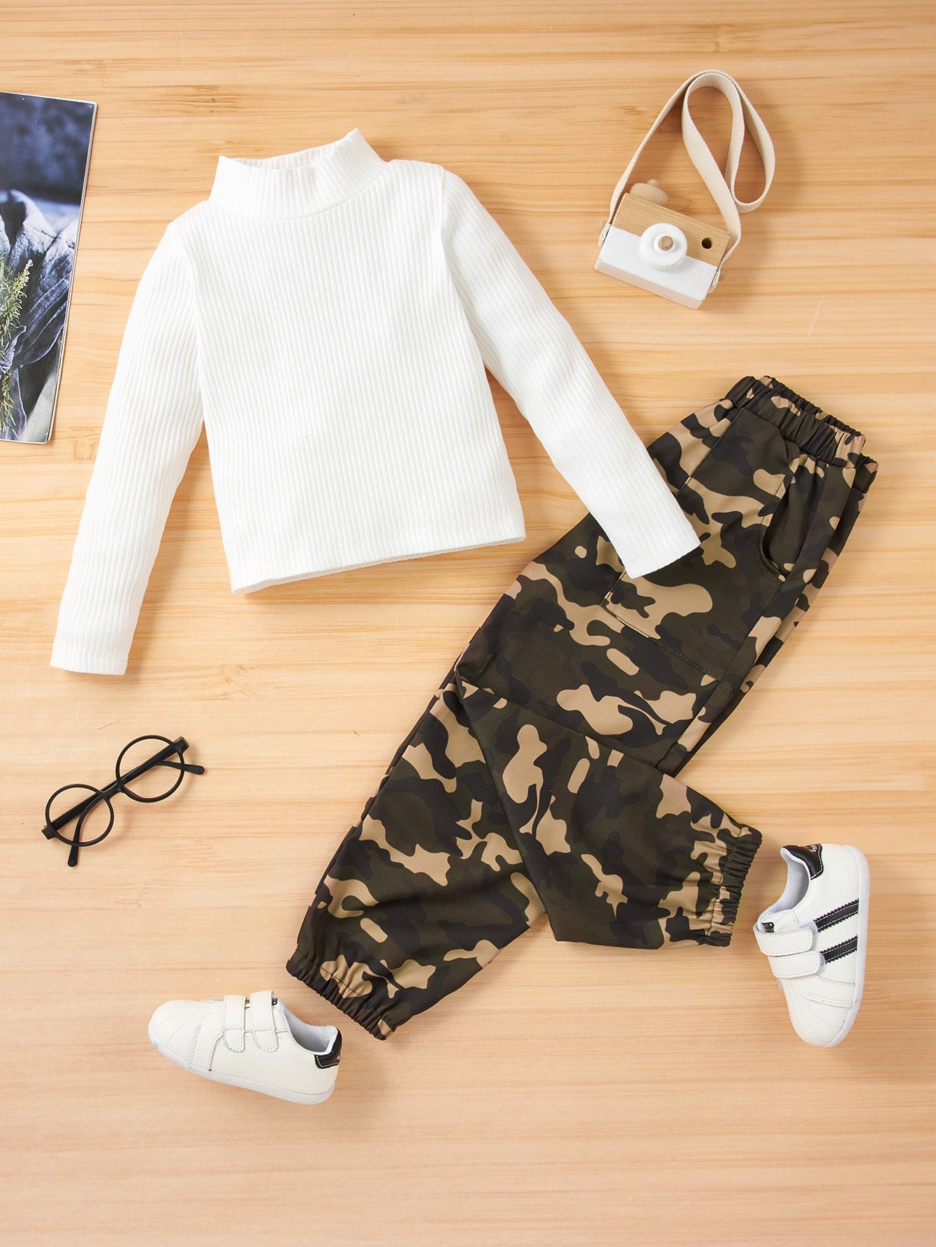 Girls Mock Neck Sweater and Camouflage Pants Set