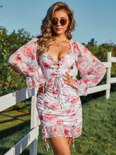 Load image into Gallery viewer, Floral Lace-Up Ruched Flounce Sleeve Dress
