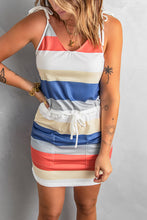 Load image into Gallery viewer, Striped Drawstring Waist Tie-Shoulder Mini Dress
