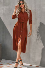 Load image into Gallery viewer, Collared Neck Tie Waist Midi Shirt Dress
