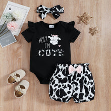 Load image into Gallery viewer, Graphic Ruffled Bodysuit and Cow Print Shorts Set
