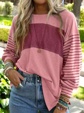 Load image into Gallery viewer, Round Neck Striped Long Sleeve Slit T-Shirt
