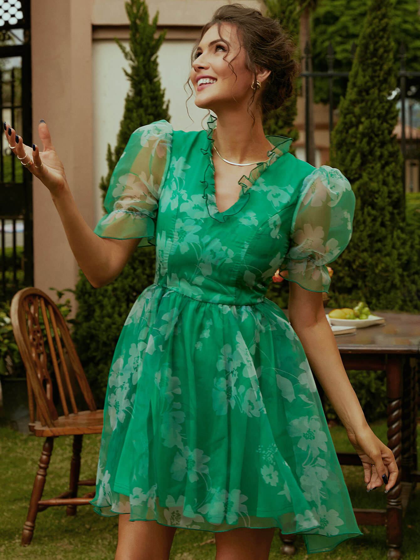 Frill Trim Mesh Flounce Sleeve V-Neck Mini Dress