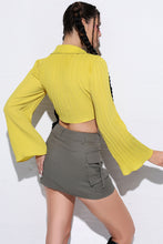 Load image into Gallery viewer, Tie Front Johnny Collar Flare Sleeve Cropped Top
