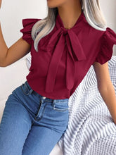 Load image into Gallery viewer, Tie  Neck Cap Sleeve Blouse
