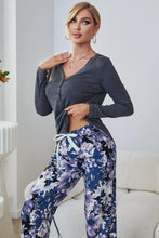 Load image into Gallery viewer, V-Neck Henley Top and Floral Pants Lounge Set
