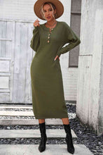 Load image into Gallery viewer, Notched Neck Dropped Shoulder Button-Down Midi Dress

