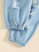 Load image into Gallery viewer, Kids Drawstring Cold-Shulder Top and Distressed Jeans Set
