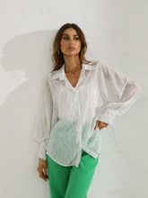 Load image into Gallery viewer, Printed Tie-Cuff Balloon Sleeve Sheer Shirt
