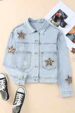 Load image into Gallery viewer, Leopard Star Applique Distressed Denim Jacket
