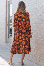 Load image into Gallery viewer, Printed Tie Front Smocked Long Sleeve Dress
