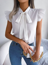 Load image into Gallery viewer, Tie  Neck Cap Sleeve Blouse
