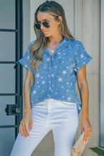 Load image into Gallery viewer, Star Print Button Front Denim Short Sleeve Shirt
