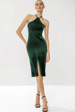 Load image into Gallery viewer, Front Slit Halter Neck Velvet Dress
