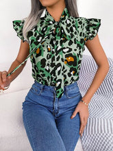 Load image into Gallery viewer, Leopard Tie Neck Cap Sleeve Blouse
