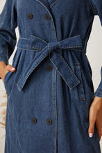 Load image into Gallery viewer, Double-Breasted Belted Longline Denim Jacket
