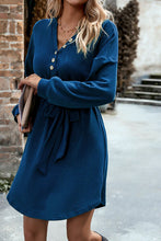 Load image into Gallery viewer, Notched Tie Waist Dropped Shoulder Mini Dress
