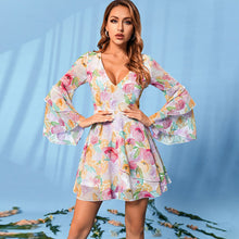 Load image into Gallery viewer, Floral Flare Sleeve Plunge Mini Dress
