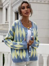 Load image into Gallery viewer, Argyle Button Front Drop Shoulder Cardigan
