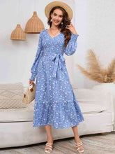 Load image into Gallery viewer, Smocked V-Neck Tie Belt Dress
