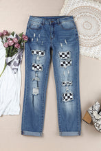 Load image into Gallery viewer, Checkered Patchwork Mid Waist Distressed Jeans
