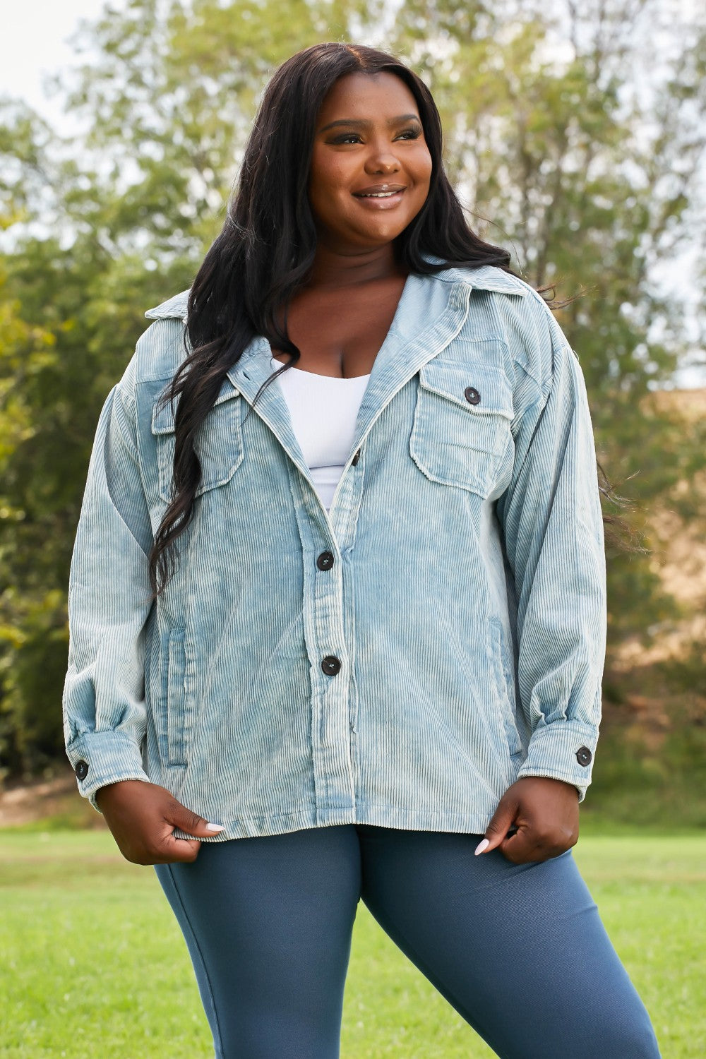 Zenana Corn Maze Full Size Vintage Washed Corduroy Shacket in Blue Grey