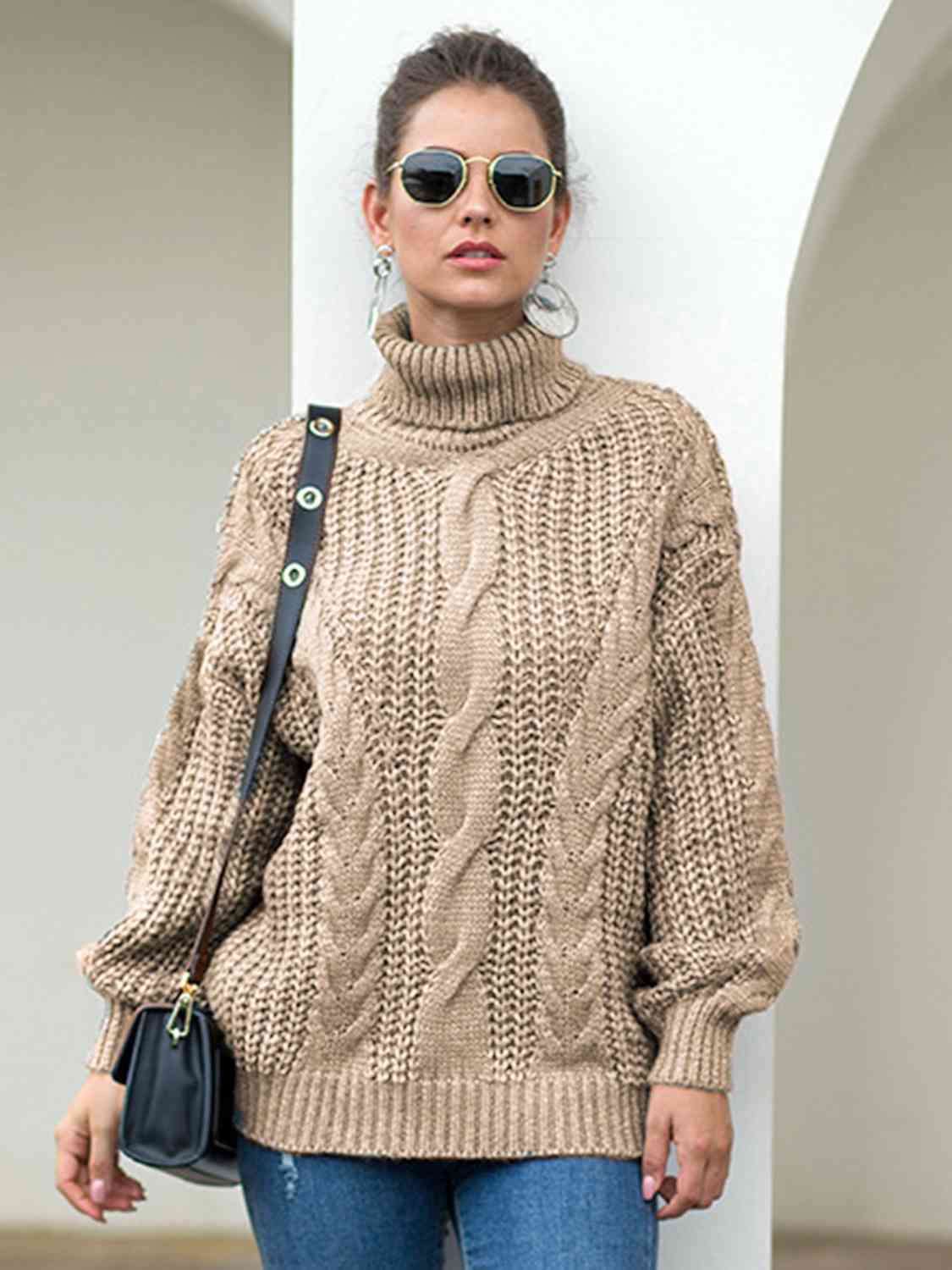 Turtleneck Cable-Knit Dropped Shoulder Sweater