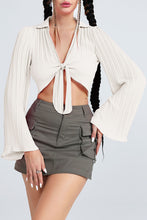 Load image into Gallery viewer, Tie Front Johnny Collar Flare Sleeve Cropped Top
