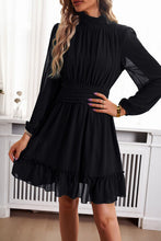 Load image into Gallery viewer, Frill Ruched Mock Neck Balloon Sleeve Dress

