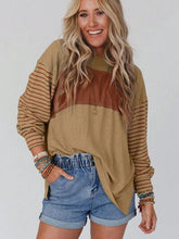 Load image into Gallery viewer, Round Neck Striped Long Sleeve Slit T-Shirt
