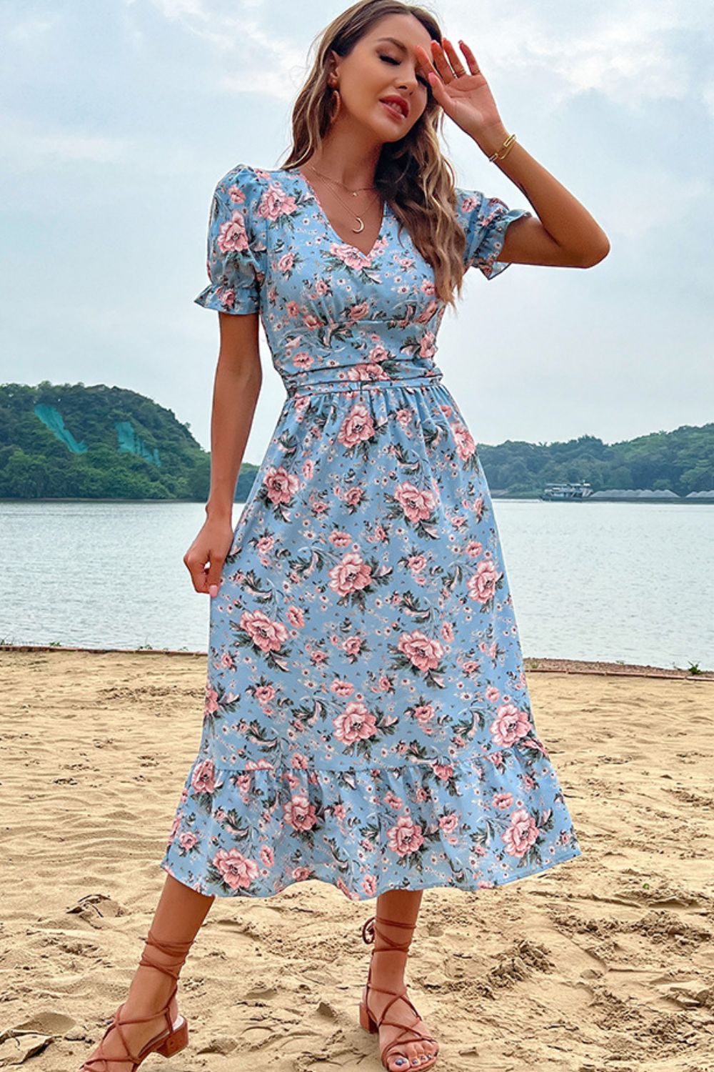 Floral V-Neck Ruffle Hem Midi Dress