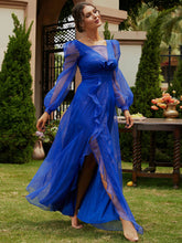 Load image into Gallery viewer, Ruffled Mesh Puff Sleeve Split Maxi Dress
