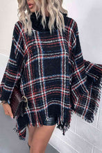 Load image into Gallery viewer, Plaid Turtleneck Fringe Hem Poncho
