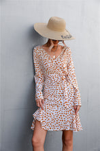 Load image into Gallery viewer, Printed V-Neck Tie Belt Ruffle Hem Mini Dress
