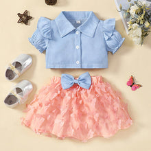 Load image into Gallery viewer, Ruffle Shoulder Shirt and Butterfly Applique Skirt Set
