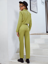 Load image into Gallery viewer, Lapel Collar Cropped Top and Belted Pants Set with Pockets
